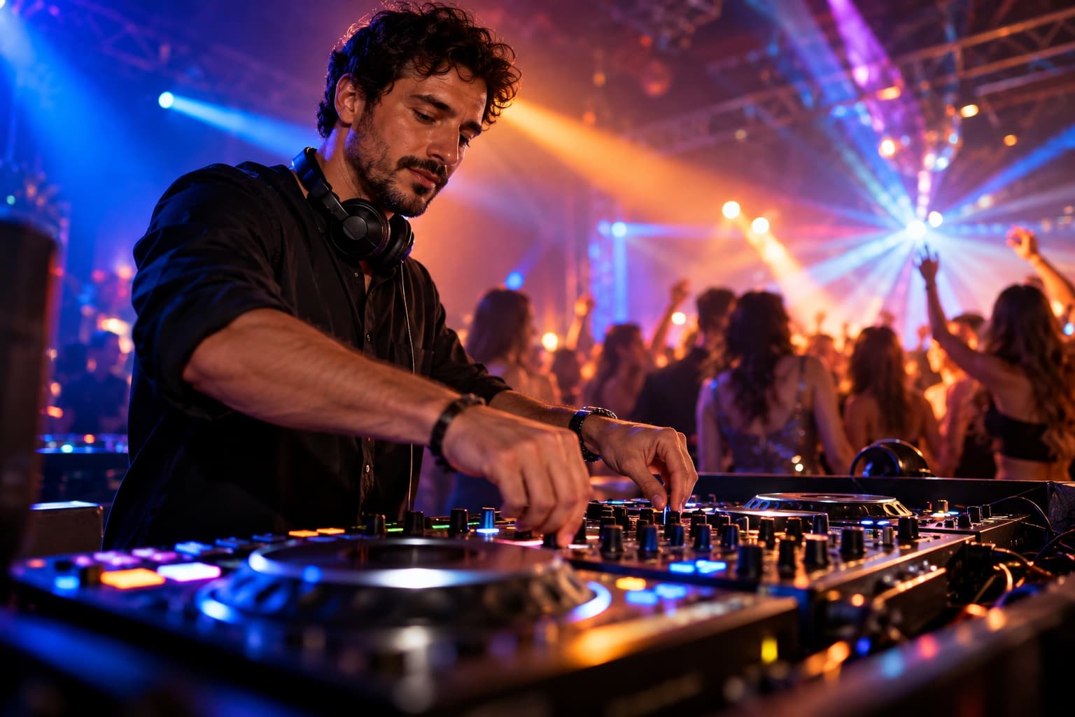 DJ profissional mixando em controladora durante festa à noite, com luzes de LED e convidados dançando ao fundo