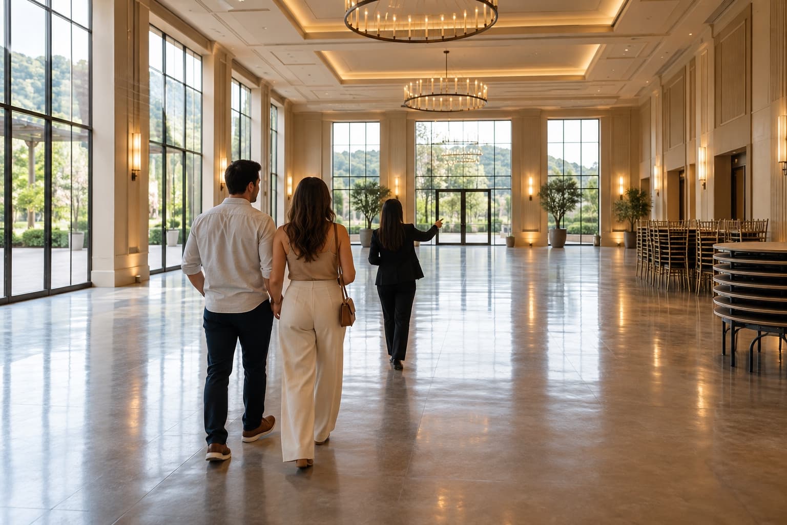 Casal caminhando por um salão de festas vazio durante visita para avaliar o espaço do casamento