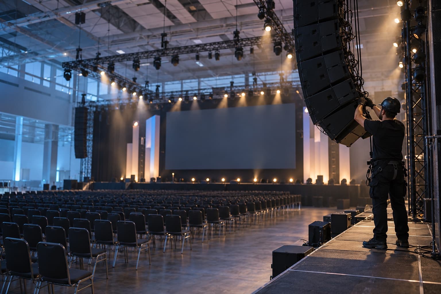 Técnico ajusta uma caixa de som suspensa no palco de um centro de convenções vazio antes do início de um evento corporativo