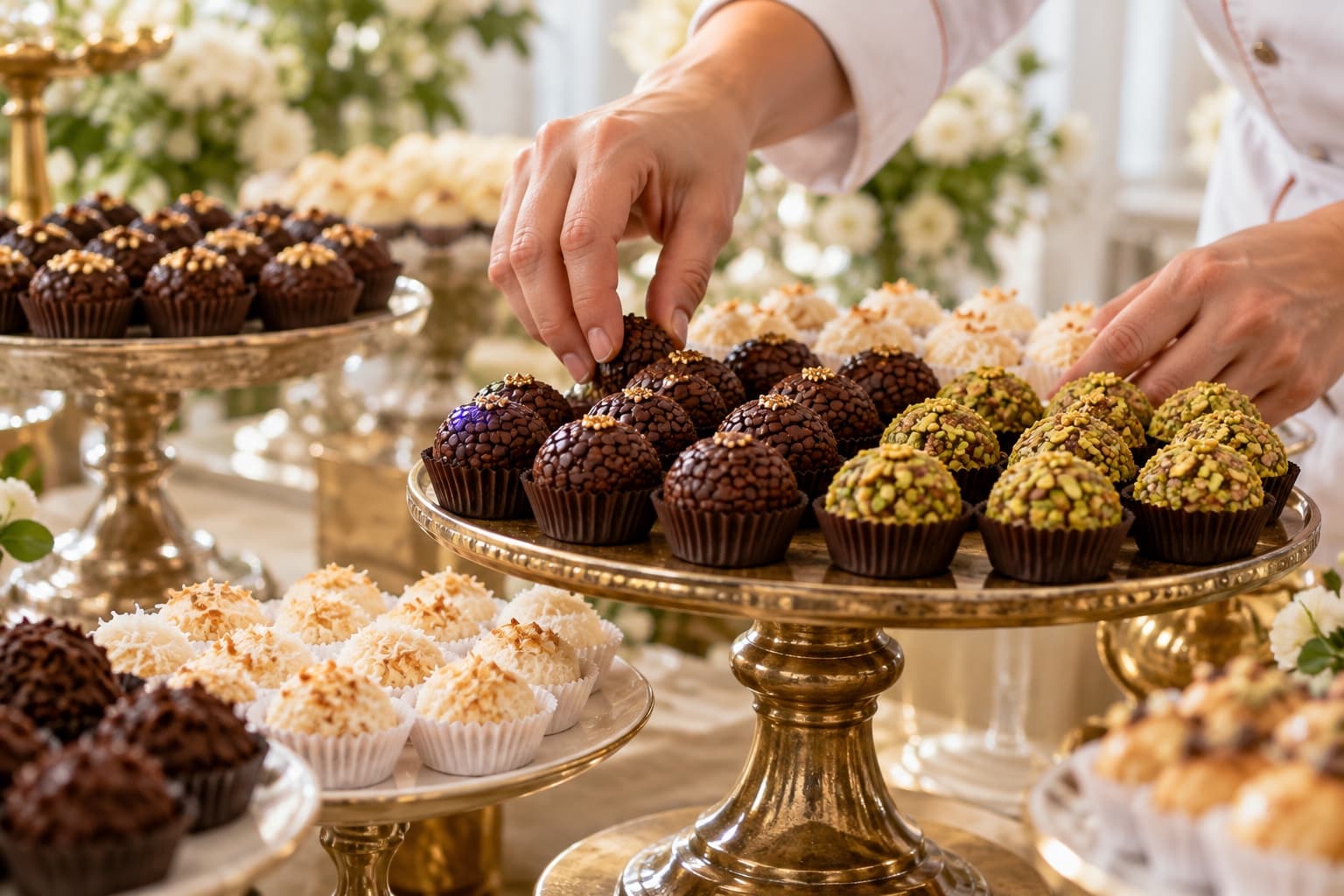 Confeiteira organizando brigadeiros e docinhos artesanais em fileiras sobre suportes de diferentes alturas para montar a mesa de doces de um casamento