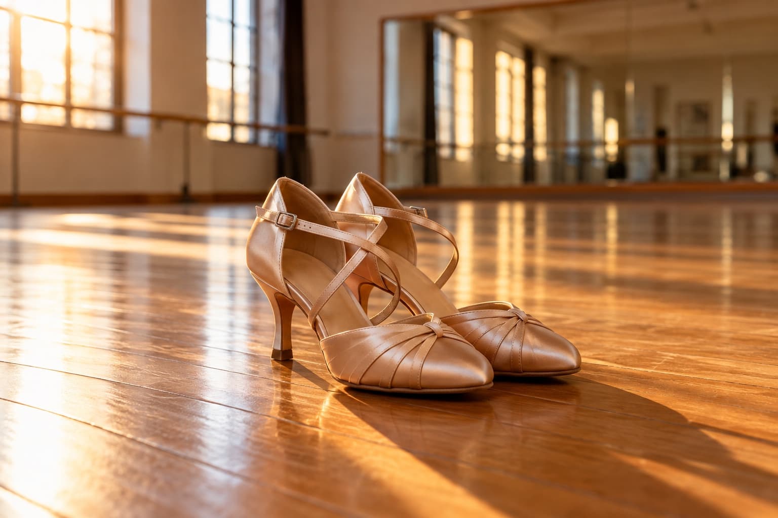 Par de sapatilhas de dança de salão sobre o piso de madeira de um estúdio, com luz quente de fim de tarde entrando pela janela